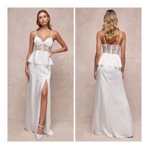 NEW Lulus Medium Iconic Adoration White Satin Peplum Sheer Bustier Maxi Dress